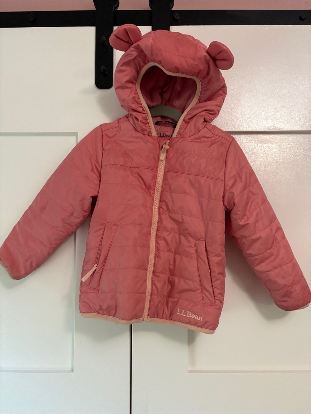 L.L. Bean Coral Pink Hooded Puffer Jacket with Ear Details